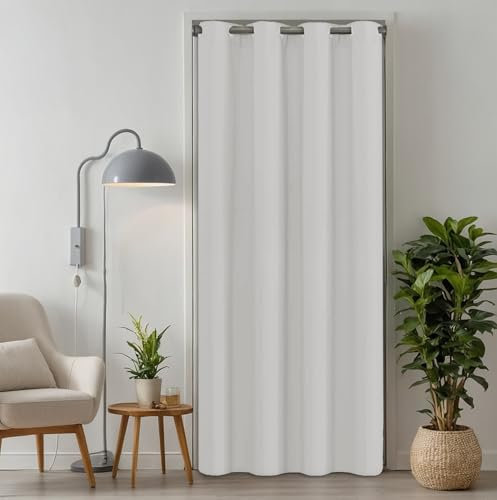 tinycurtains, Türvorhang mit Vorhangstange & Magneten zum Abdichten, einfache Montage ohne Bohren in 1 Min (210 x 150 cm weiß + Stange Silber 55-90 cm + 6 Magnete)