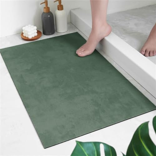 Hixingo Badematte rutschfeste aus Kieselgur, Einfarbig Moderne Waschbar Badvorleger, Saugfähig Badezimmerteppich, Schnelltrocknende Bodenmatte für Dusche, Badewannen, Küche (60x90cm,Dunkelgrün)