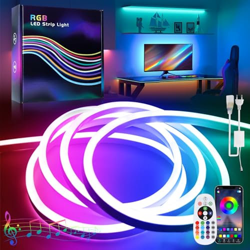 BAGZY RGB Ruban LED Néon, 10M Bande LED IP65 étanche 220V Dimmable Flexible Tube Neon LED Lumineuses,par Bluetooth APP, Télécommande, Synchronisation de Musique, pour Chambre,Bar,Intérieur/Extérieur