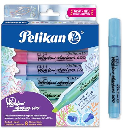 Pelikan Fenster-Marker 600, Kreidemarker abwischbar für Glas & glatte Oberflächen, 8 Farben, Keilspitze 2-5 mm, ungiftig & schnelltrocknend