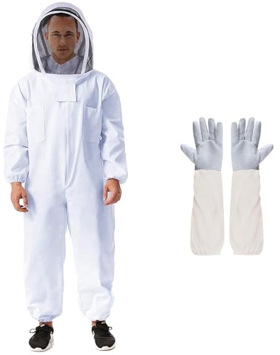 Beekeeping Suit Bee Protection Jacket w/ Gloves & Ventilated Veil Hood (L) | Professional Beekeeper Suit Outfit Total Protection for Backyard Professional Beginner Beekeepers Full Body Protective