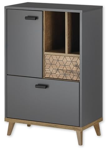 Stella Trading Leone Badezimmer Kommode in Ribbeck Eiche Optik, Graphit - Badezimmerschrank Bad Schrank mit viel Stauraum - 60 x 91 x 33 cm (B/H/T)