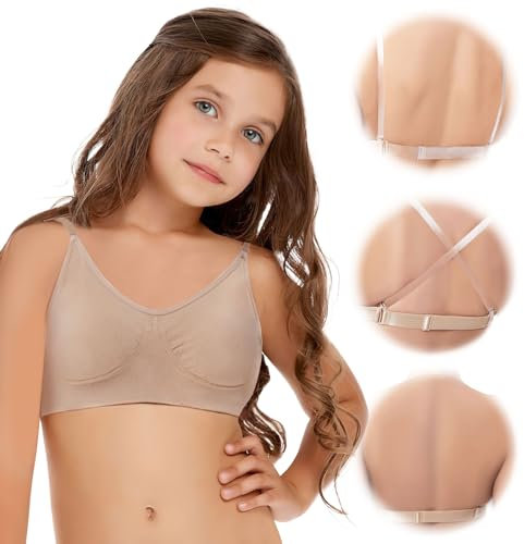iMuchic Tanz-BH für Mädchen, Transparenter Rücken, Nahtlos Unsichtbar, Ballett-BH mit Verstellbaren Trägern, Beige, 12-14 Jahre