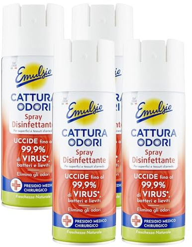 Spray Cattura Odori, Disinfettante, Per Superfici e Tessuti D'Arredo, Uccide Fino Al 99,9% di Virus, Batteri e Lieviti. Profumo Freschezza Naturale 350ml (4 Spray)