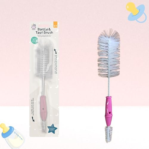 Baby Bottle and Teat Cleaner | 2-in-1 Soft Brush Set | Gentle Cleaning, Non-Scratch Bristles | Easy Residue Removal, Ridged Grip | Travel Portable, Effortless Storage (1, Soft Pink)