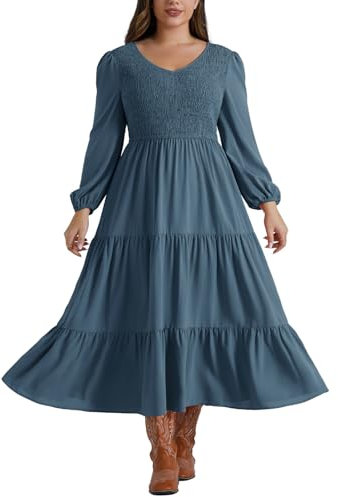 Hanna Nikole Women Plus Size A-Line Casual Dresses Long Elastic Waist Lantern Sleeve Evening Dress Gray Blue 24