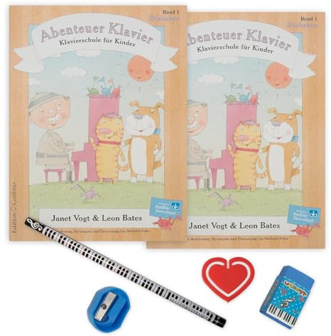 2 x Abenteuer Klavier, 1. Hauptband, Erlebnisse (Doppelpack) mit Audio-Download - Klavierschule für Kinder - ISBN 9783909415267 - Piano-Bleistift - Notenklammer (2er Pack)