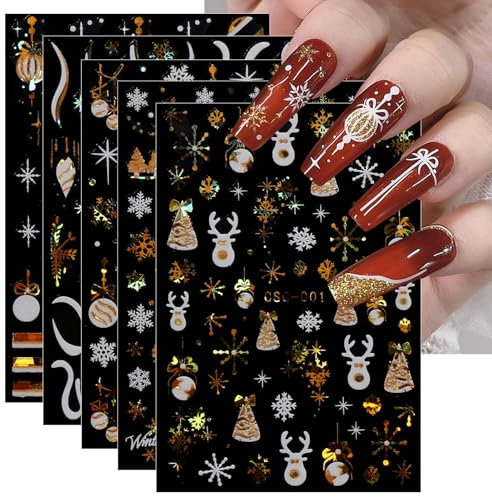 JMEOWIO 8 Sheets Christmas White Glitter Gold Nail Art Stickers Decals Self-Adhesive Snowflake Winter Holiday Nail Supplies Nail Art Design Decoration Accessories