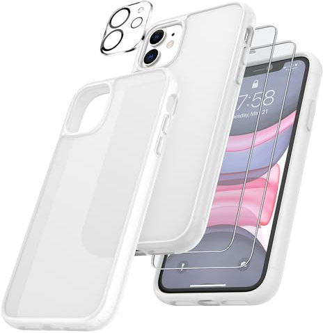 FLLAO 4 en 1 Funda para iPhone 11 con 2 Protector Pantalla y 1 Protector Lente Cámara, [Almohadilla de Aire integrada] Antigolpes Antiarañazos Carcasa 6,1 Pulgadas, Blanco Mate