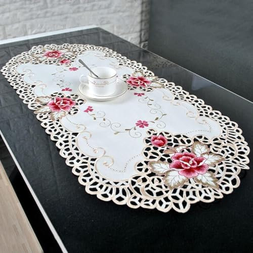 Daaxing Spitzentischdecke, bestickte florale kleine Tischdecke, elegante Nachmittagstee-Tischdecke, waschbar und wiederverwendbar, 40 x 85 cm