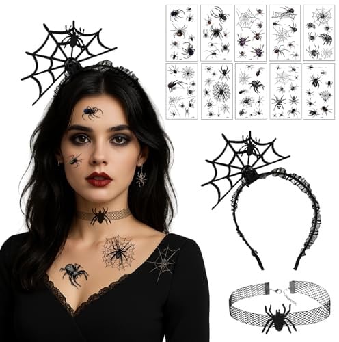 JOYEASE Halloween Accessoires Damen, Spinnen Haarreif Haarschmuck Halskette mit 10 Blätter Spinnen Tattoos, Halloween Kostüm Damen Spinne Hexen Accessoires für Erwachsene
