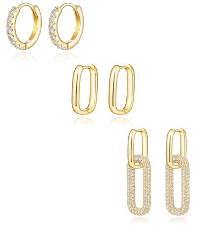 Kenivira 3 Paar Gold Ohrringe Set Damen 18K Vergoldete Creolen Gold mit Zirkonia Hypoallergen Ohrringe Gold Creolen Mehrere Piercings Schmuck für Frauen