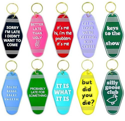 Wonninek Lot de 10 porte-clés amusants en acrylique pour hôtel - Étanche - Avec anneau - Cadeau fantaisie, Multicolore