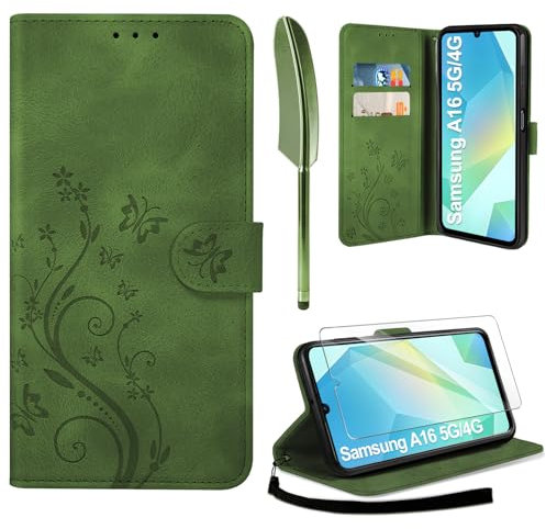 AROYI Lederhülle Kompatibel mit Samsung Galaxy A16 5G/4G Hülle und Schutzfolie, Flip Wallet Handyhülle PU Leder Case Kartensteckplätzen Schutzhülle Kompatibel mit Samsung Galaxy A16 5G Armeegrün