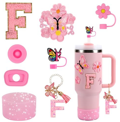 15PCS Cup Accessories Set for Stanley Cup 30oz 40oz Tumbler with Handle, Including Silicone Straw Cover and Boot, Spill Proof Stopper, Stanley Charms, Handle Charm, Initials Sticker(Letter F, Pink)