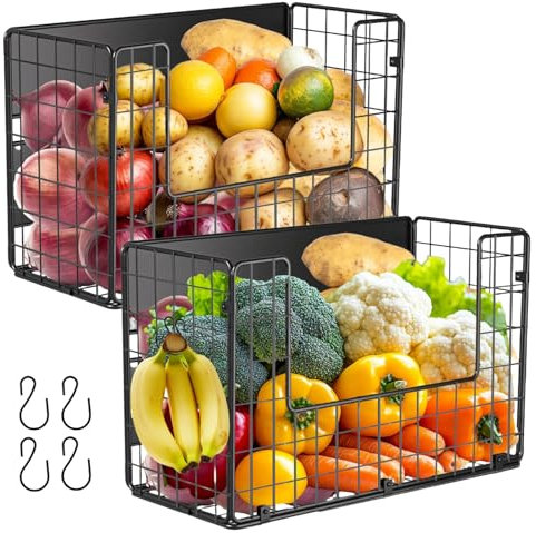 2 Magnetische Obstkorb Hängend & Gewürzregal Magnetisch, Küchen Organizer- Küchenregal Ohne Bohren- Obstkorb Etagere Obst und U-Shape Gemüse Aufbewahrung, Magnetisches Regal Kühlschrank Schwarz