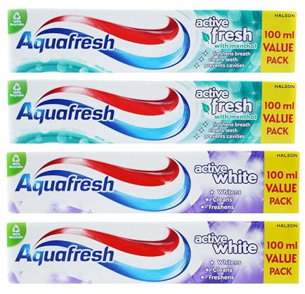 Home & Hatch Toothpaste Bundle: Includes 2 Packs of Aquafresh Active Fresh and 2 Packs of Active White Toothpaste, (100ml Each) Complete Oral Care for The Whole Family