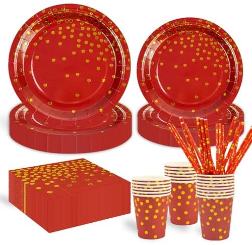 Paper Plates Napkins Cups Set, 125 Pieces Red and Gold Dots Birthday Party Tableware for Wedding Engagement Birthday Party Decorations