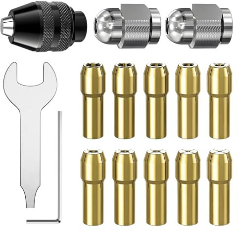 LuMuank 15Pcs Chuck Collet Set for Dremel, with Brass Colle, Keyless Chuck and Metal Nut for 1/32” (0.8mm) to 1/8” (3.2mm) Shank Rotary Tool Accessories, Compatible with Dremel 3000 4000