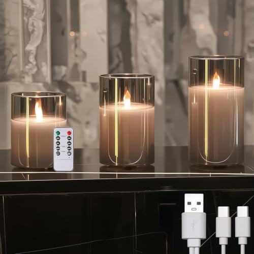 MOZC Wiederaufladbare LED Kerzen, Fernbedienbare flammenlose kerzen, Glasstumpenkerzen mit Fernbedienung und Timer-Funktion(Laufzeit 200h) (Aufladbar Grau)