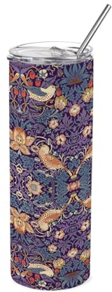 Purely Home Purple Strawberry Thief Travel Flask - William Morris Artwork Gifts - Reusable Stainless Steel Hot/Cold Drinks Cup with Straw 600ml