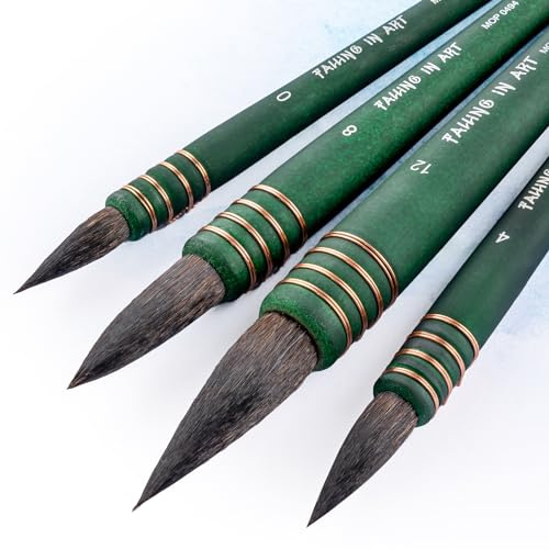 COOZEE Professional Squirrel Hair Paint Brush Set, 4Pcs Round Pointed Paintbrush Set, Watercolor Artist Brushes for Fine Details Painting(#0#4#8#12)