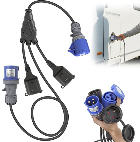 Camping CEE-Adapter Verlängerungskabel 3-Fach - Camping Strom Adapter, Stromkabel 16A mit 2 Schuko-Steckdosen+1 Industrie-CEE, IP44 CEE-Stecker für den Außenbereich, Gummikabel 1,5 m
