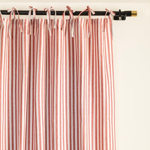 Gauze Ticking Striped Curtains, Boho Linen Gauze Tie Top Hanging Light Filtering Pinstripe Cafe Curtains 2 Panel Curtain Drapes for Living Room Home Décor Rust on White (84x42 Each Panel)