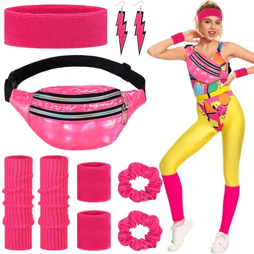 Betrynidil 80er Jahre Outfit Damen Set, Damen 80er Jahre Workout Kostüm, mit Bauchtasche, Stirnband, Haargummi, Beinwärmer, Armbänder und Ohrring, für Karneval Neon Party (Rosenrot)