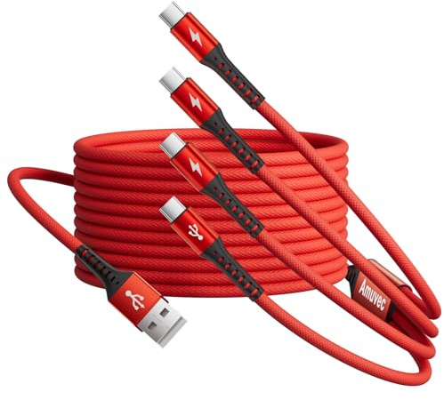 Amuvec 4 in 1 USB C Multi Charger Cable, 2.2M Long Fast Charging Cord, Red | Braided 4 Type C Splitter (1 Data). 2.2M for Car Back Seat & Travel. QC 3.0 Fast Charge. For iPhone 17/16/15, Samsung, Pixel
