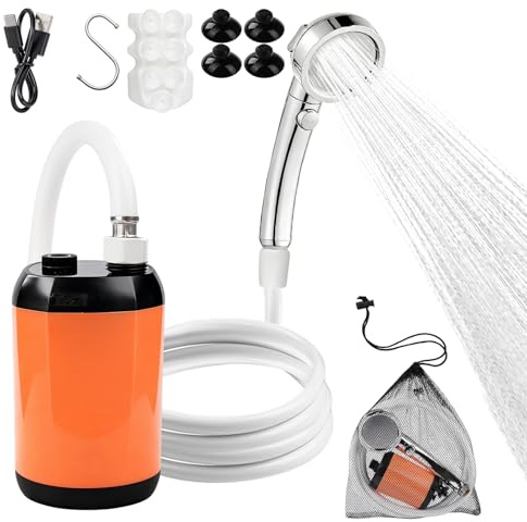 VIFERR Tragbare Campingdusche, Elektrische Außendusche mit Zweistufig Einstellbare Pumpe und Smart-Display, Duschkopf und Schlauch für Camping, Reisen, Garten und Autowäsche