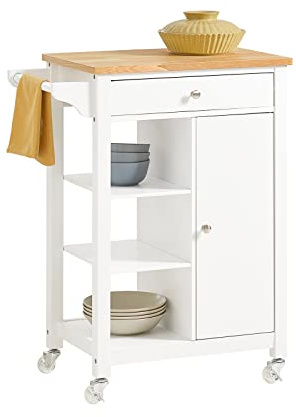 SoBuy Kitchen Trolley on Wheels 68cm Wide with 1 Drawer & 3 Open Shelves | Kitchen Serving Cart with Towel Holder, Compact Storage Trolley for Small Spaces, White & Natural, W68xD40xH86cm, FKW46-WN