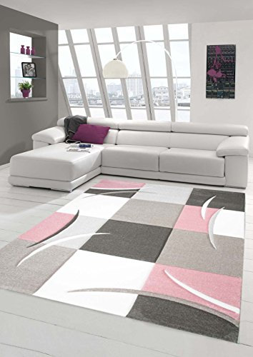 Salon Designer Tapis Contemporain Tapis Moquette avec des Couleurs Diamants Contour coupées Motif Pastel Rose crème Beige Gris foncé Größe 200 x 290 cm