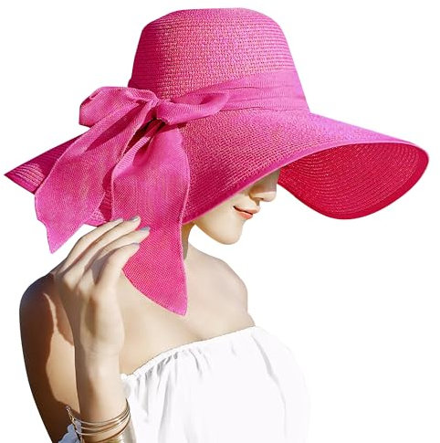 Lanzom Chapeau de paille pliable pour femme - 14 cm - Grand nœud - UPF 50+, rose, Taille unique