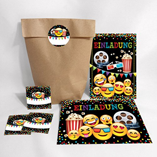 12-er Set Einladungskarten, Umschläge, Geschenktüten, Aufkleber Geburtstag Kinder Kino für Mädchen Jungen Jungs Einladungen Kindergeburtstag Geburtstagseinladungen Set Partyset Kartenset Party