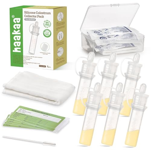 Haakaa Lot de 6 collecteurs de colostrum en silicone de qualité alimentaire pour recueillir et stocker votre précieux colostrum pour nourrir bébé avec étui de rangement et lingette en coton