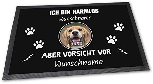 PfotenSchild Fußmatte zum selbst Gestalten - Wir sind harmlos, Aber Vorsicht vor - mit Spruch, Wunschfoto und Name für EIN Haustier Plus Wunschtext der Haustierbesitzer - 60 x 40 cm