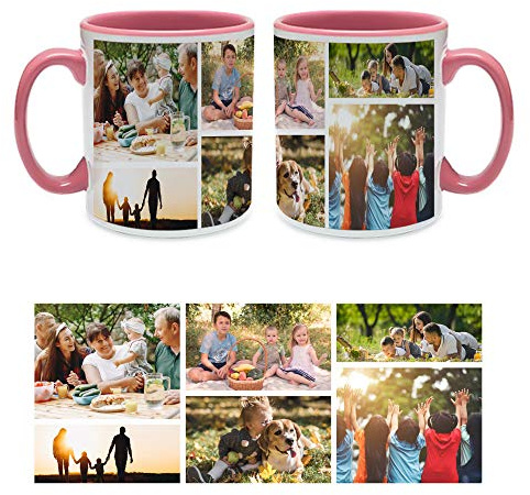 Personalised with Six Photos/Multi Photo Printed Collage Mug, Novelty, Ceramic Pink Inside Colour Mug, Memorable Gift Ideas for Family, Friends, Birthday, Any Special Occasion. (6 Photos)