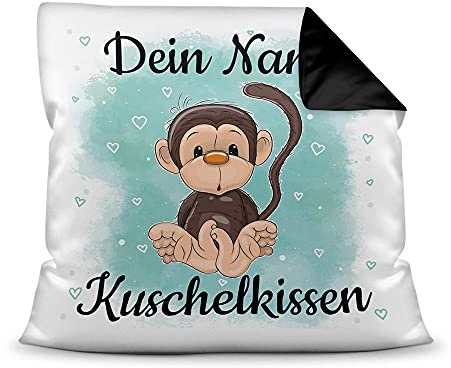 Print Royal Kissen mit Füllung für Kinder - Tiermotiv AFFE - für Mädchen und Jungs - mit Wunschname beschriften - AFFE - Farbkissen Rückseite Schwarz, 40 x 40 cm