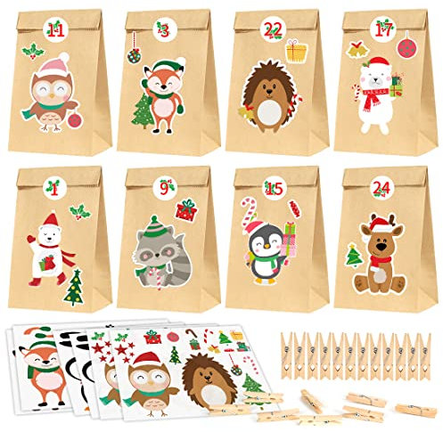 Adventskalender zum Befüllen kinder, 24 tüten Adventskalender, Adventskalender Verpackung, DIY Papiertüten mit 24 Adventskalender Selber Basteln für Kinder Weihnachtstiere Zahlenaufklebern