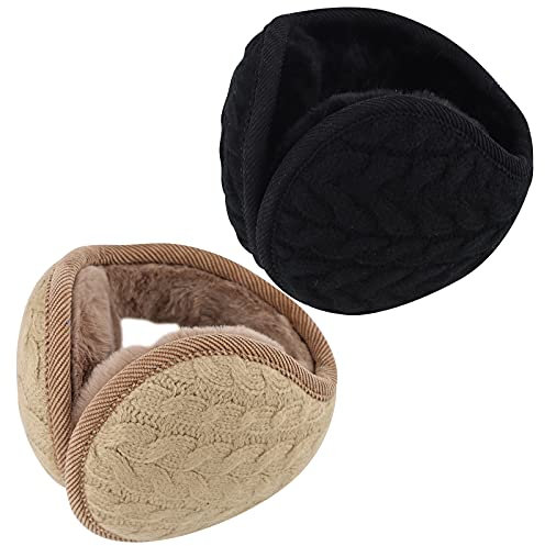 2 Cache Oreilles d'hiver Cache Oreilles Femme Homme Cache-oreilles pliables Cache-oreilles d'extérieur en polaire Cache-oreilles en tricot chaud Cache-oreilles en peluche pour ski marche Noir et Kaki