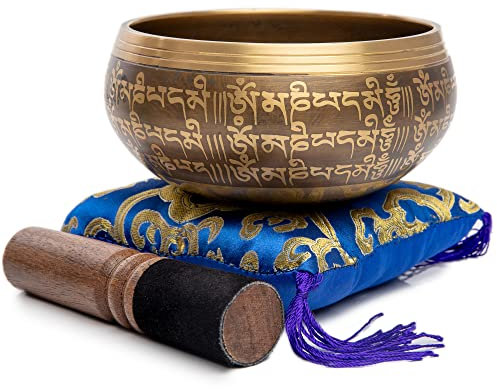 Juego de cuencos tibetanos para cantar – Fácil de jugar, auténtico hecho a mano para meditación, sonido, chakras, yoga, curación, 4 pulgadas por Himalayan Bazaar (marrón y azul)