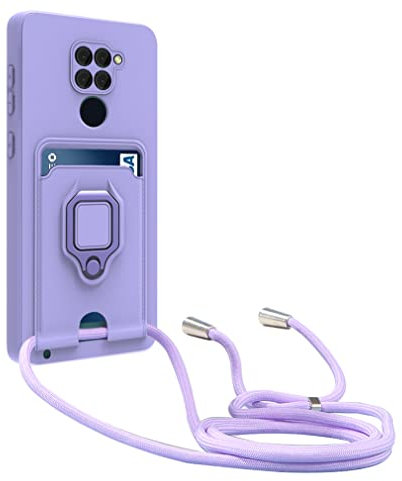yanasuo Kameraschutz Silikon Handykette Hülle kompatibel mit Xiaomi Redmi Note 9, Metall Ring Halter Handy Cover,Verstellbarer Halskette Handyhülle-Lila