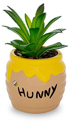 Silver Buffalo Disney Winnie The Pooh Hunny Pot - Mini maceta de cerámica de 3 pulgadas con suculentas artificiales, maceta pequeña, plantas de interior de imitación para estante de escritorio,