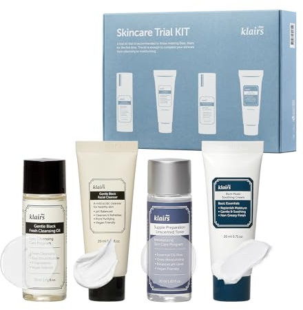 DearKlairs Kits d’essai de soins de la peau, 4 minis, huile nettoyante, nettoyant, toner, crème, incontournables de voyage, cadeaux pour femmes, farces de bas pour adultes