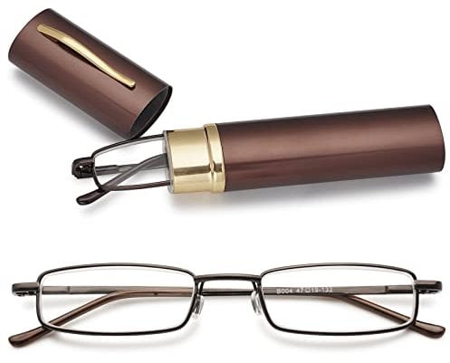 MAGIMODAC Herren Damen Lesebrille Anti Blaulicht Brille mit sehstärke Blaulichtfilter Metall Lesehilfe schmale Lesebrillen mit Stiftetui (2.5, Braun)