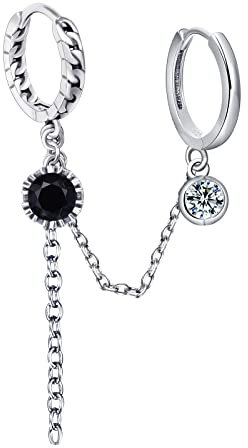 Qings Doppelt Durchbohrte Schwarze Zirkon Ohrringe - I Pcs 925 Sterling Silber Doppel Creolen Zwei Löchern Lange Kette Schwarzes Rundes CZ Zirkon Schmuck Geschenk für Damen Mädchen