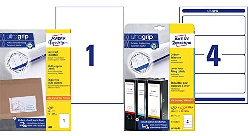 AVERY Zweckform 3478 Universal Etiketten (100 Klebeetiketten, 210x297mm) 100 Blatt, weiß & L4761-25 Ordnerrücken Etiketten (120 Rückenschilder mit ultragrip, 61x192mm auf A4) 30 Blatt, weiß