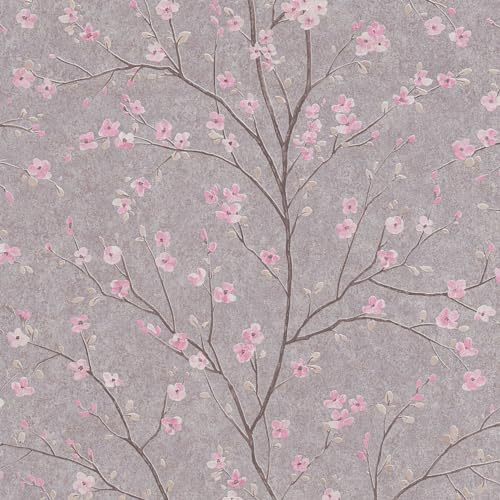 Profhome Carta da parati floreale 379122-GU carta da parati intissata (TNT) grigio rosa 0,53 m x 10,05 m / 5,33 m2