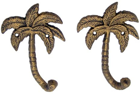 Palm Tree Cast Iron Wall Hooks, Wall Mounted for Hanging Coats, Purses, Towels, Hats, Beach Themed Wall Décor, Set of 2, 6.5 Inches High (Gold Toned)